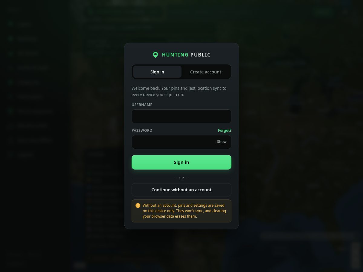 Landing-page snapshot of huntingpublic.app