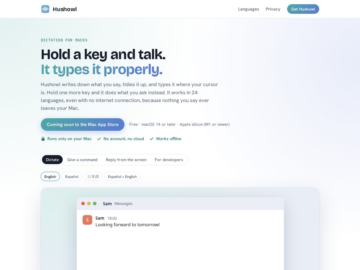 Landing-page snapshot of hushowl.app