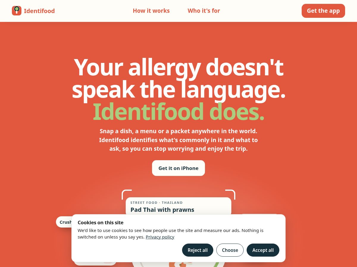 Landing-page snapshot of identifood.app