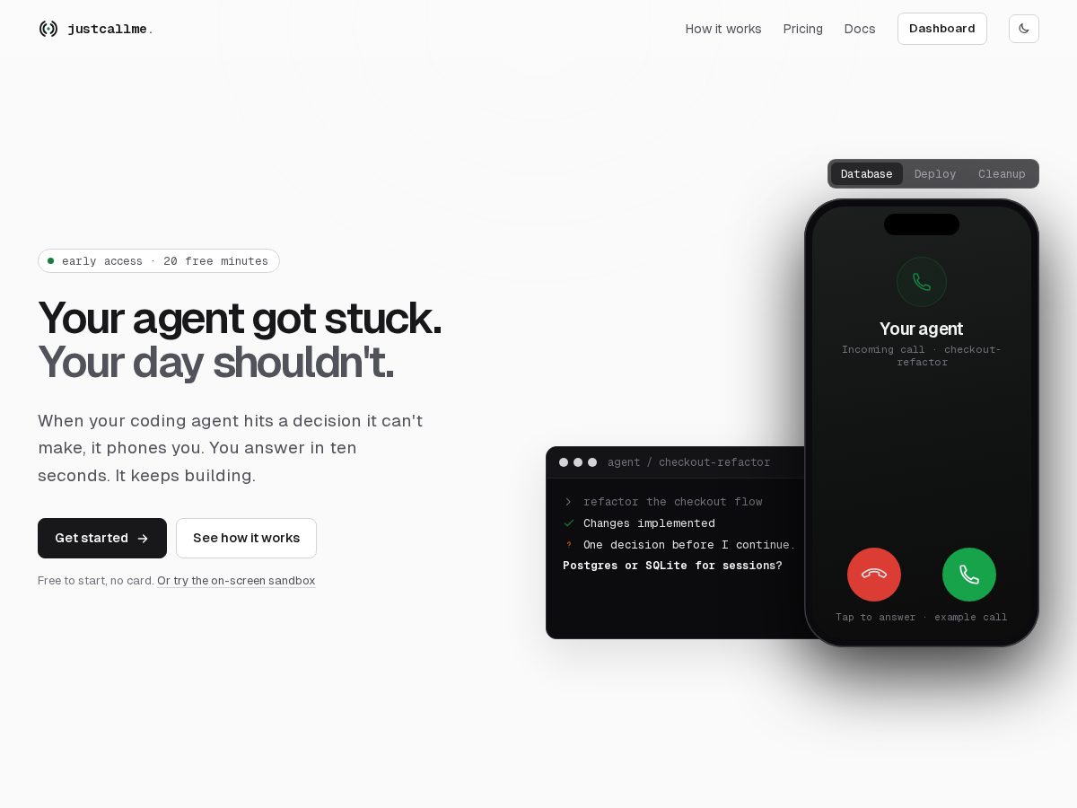 Landing-page snapshot of justcallme.dev