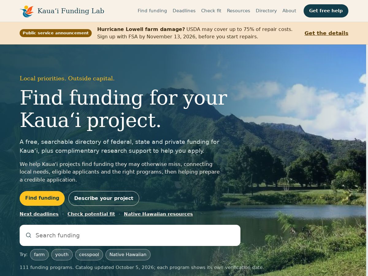 Landing-page snapshot of kauaifundinglab.org