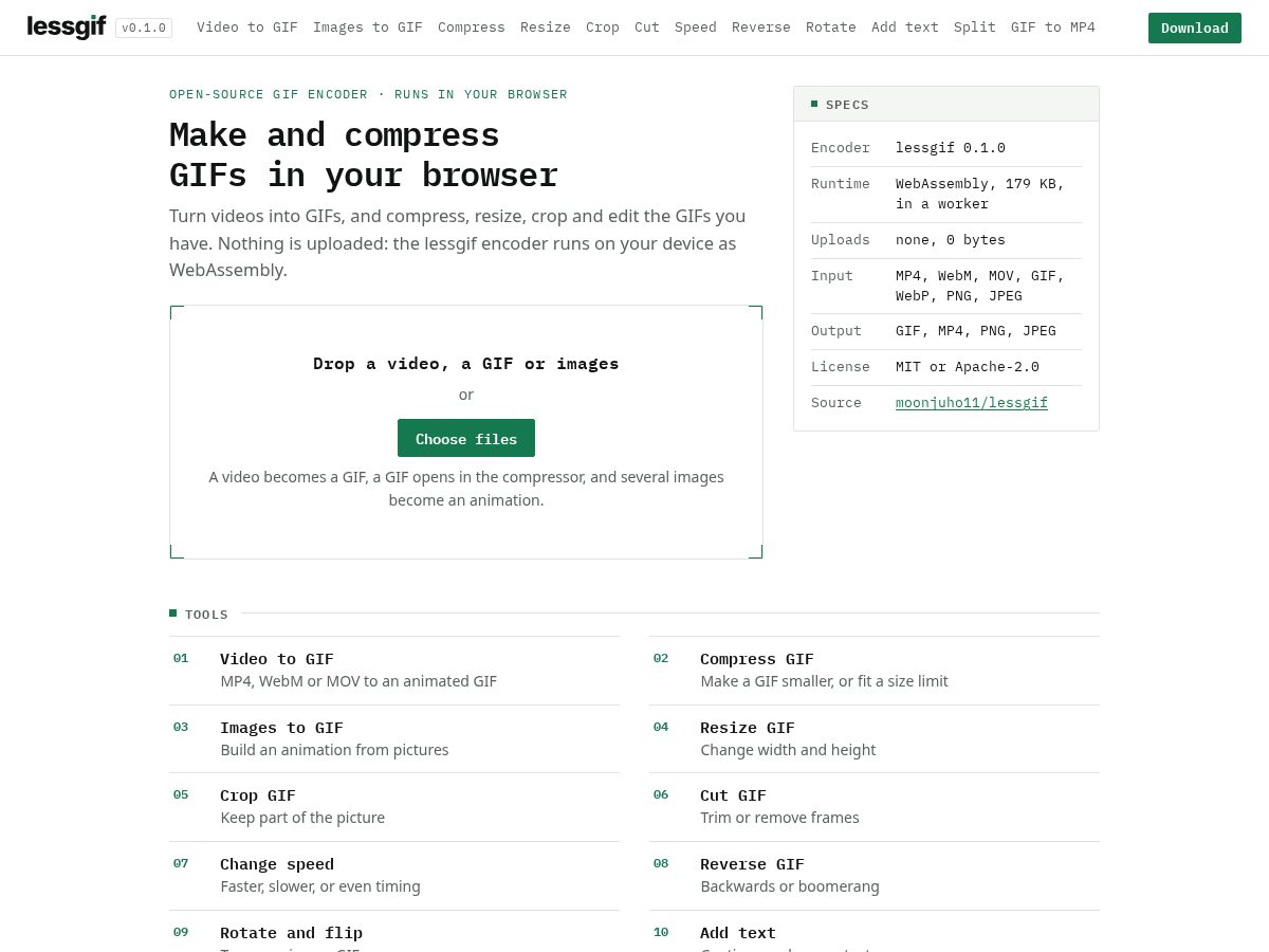 Landing-page snapshot of lessgif.com