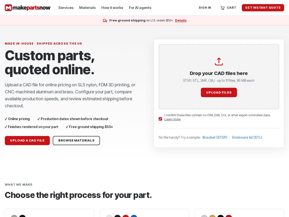 Landing-page snapshot of makepartsnow.com
