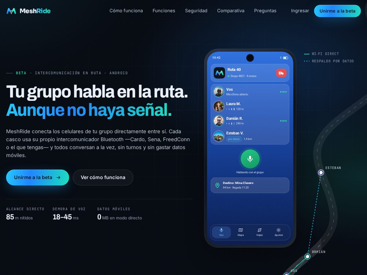 Landing-page snapshot of meshride.app