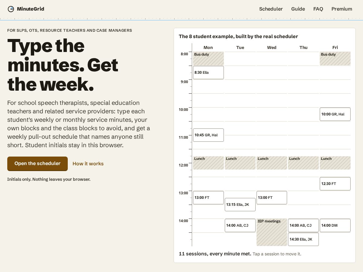 Landing-page snapshot of minutegrid.app
