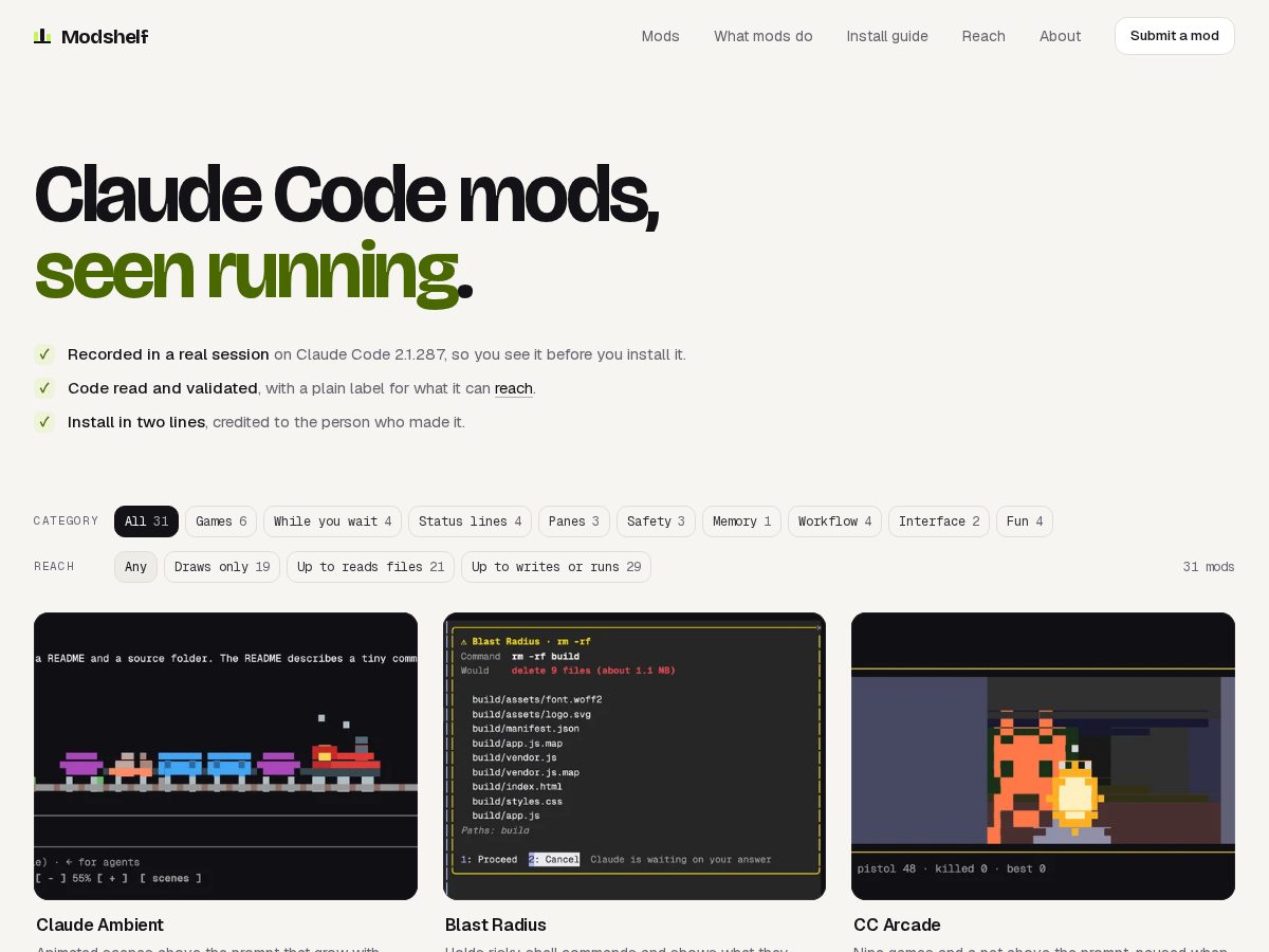 Landing-page snapshot of modshelf.dev