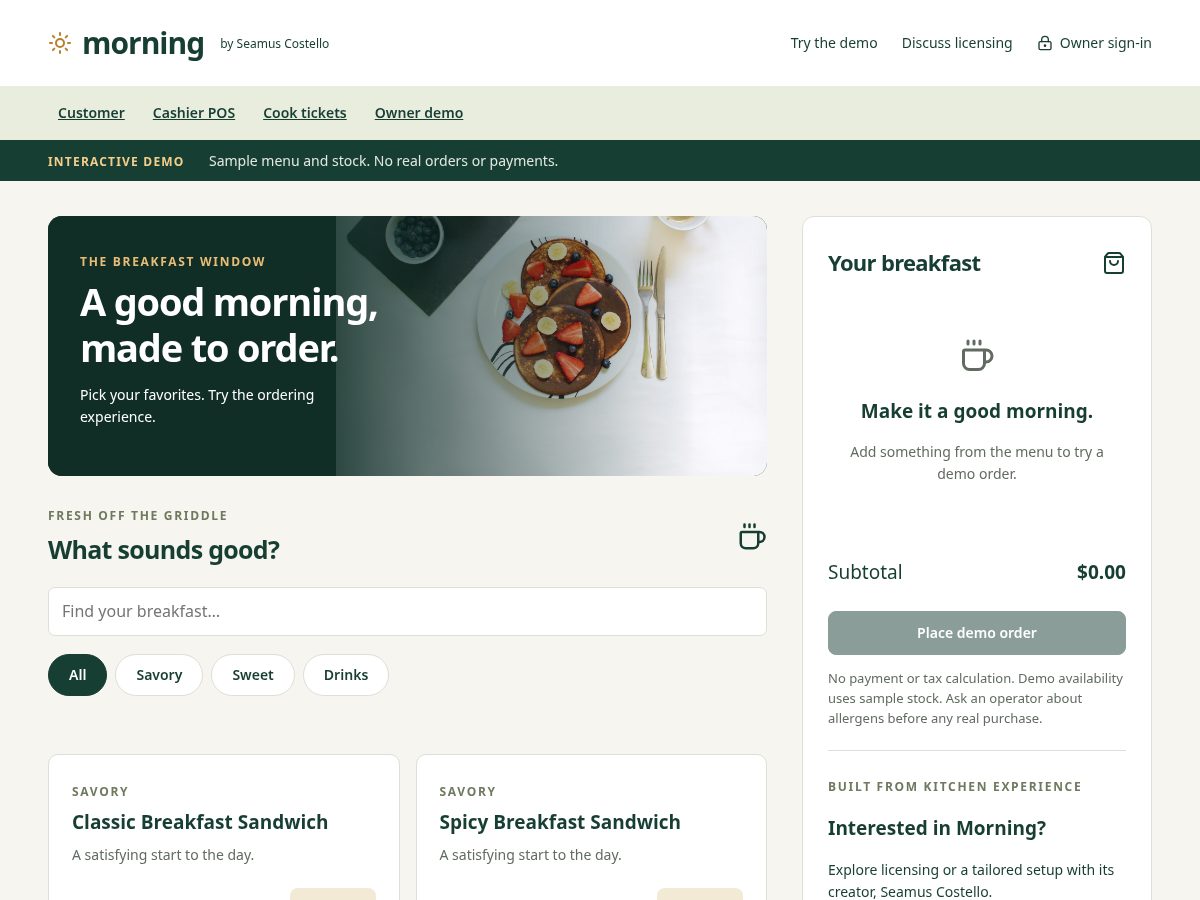 Landing-page snapshot of morningbyseamus.com
