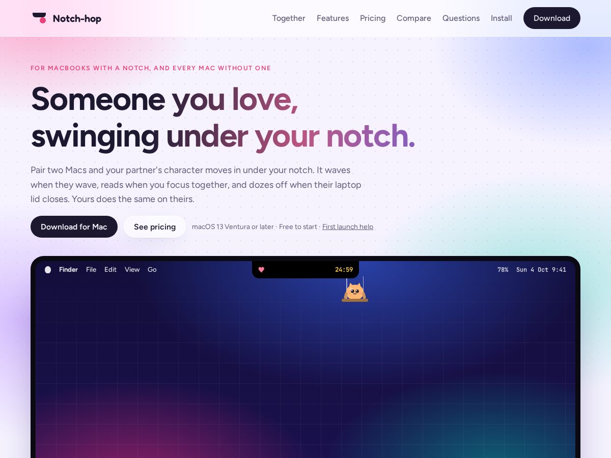 Landing-page snapshot of notchhop.app