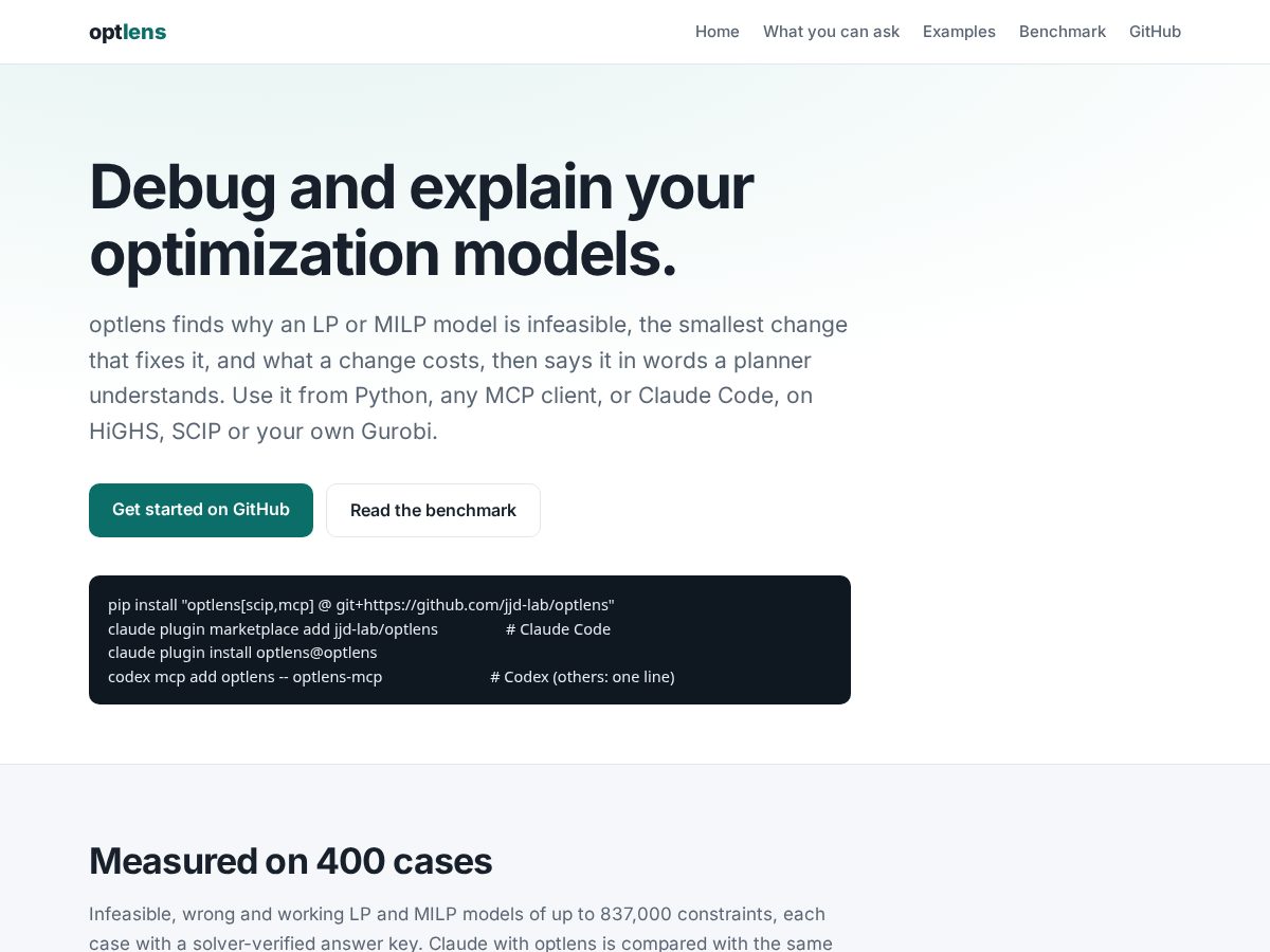 Landing-page snapshot of optlens.dev