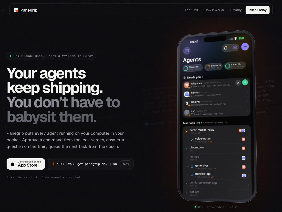 Landing-page snapshot of panegrip.dev