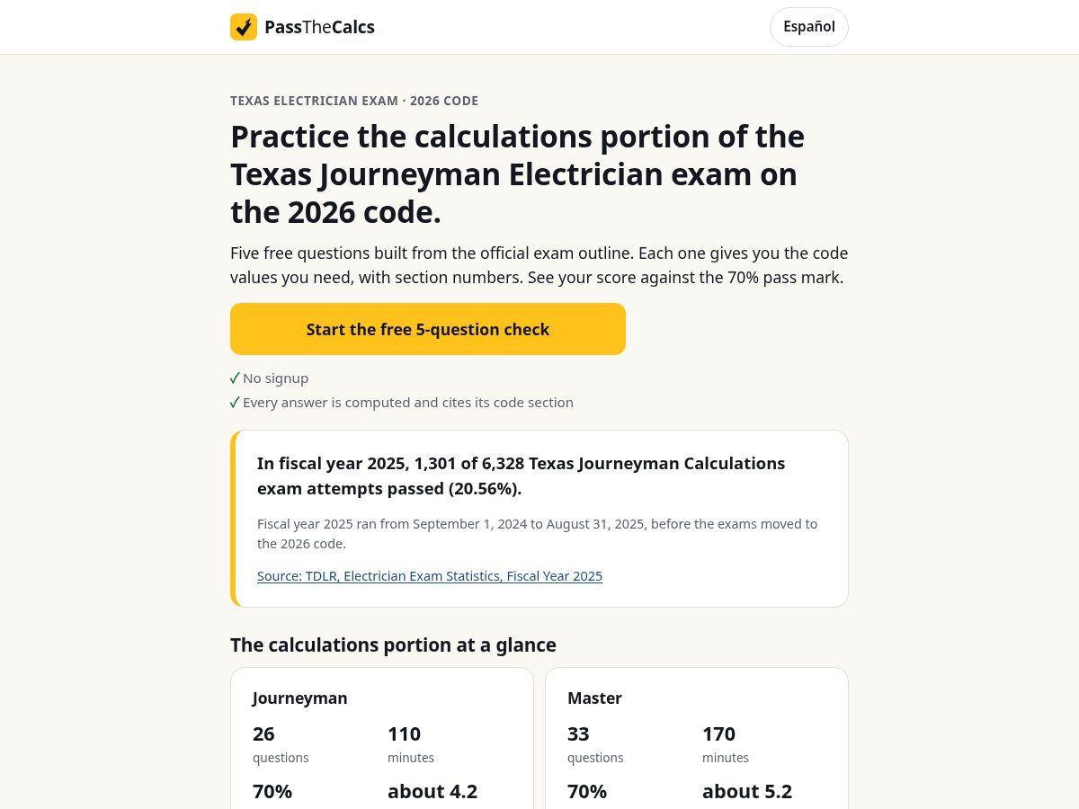 Landing-page snapshot of passthecalcs.com