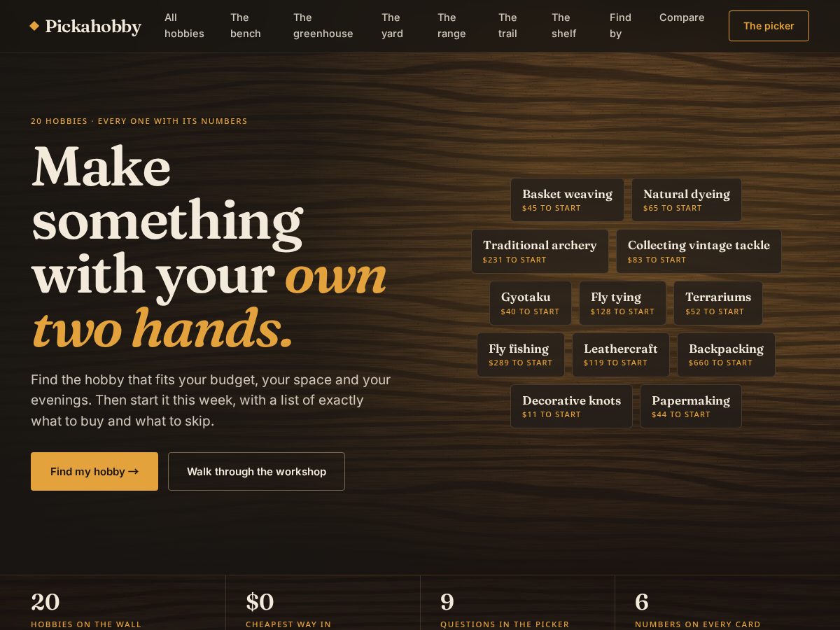 Landing-page snapshot of pickahobby.com