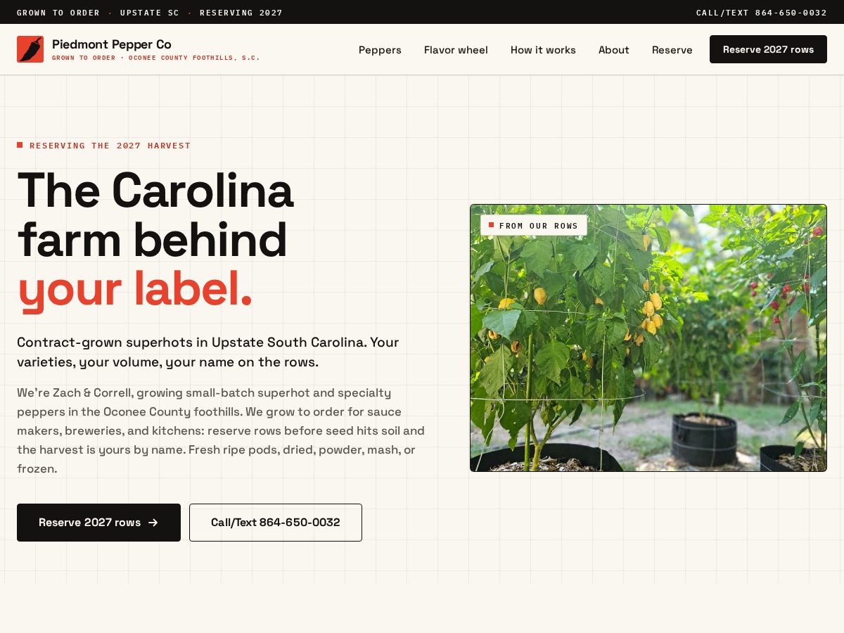 Landing-page snapshot of piedmontpepperco.com
