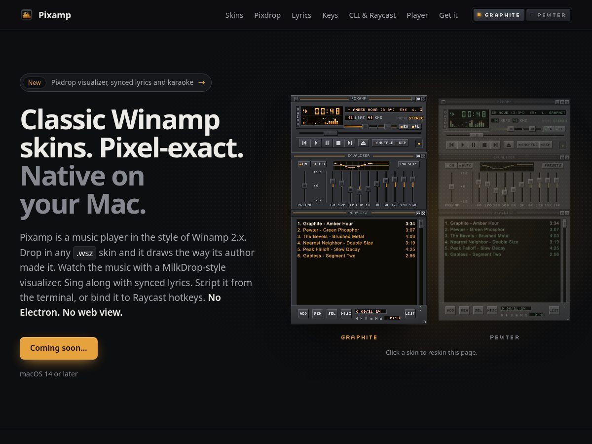 Landing-page snapshot of pixamp.app