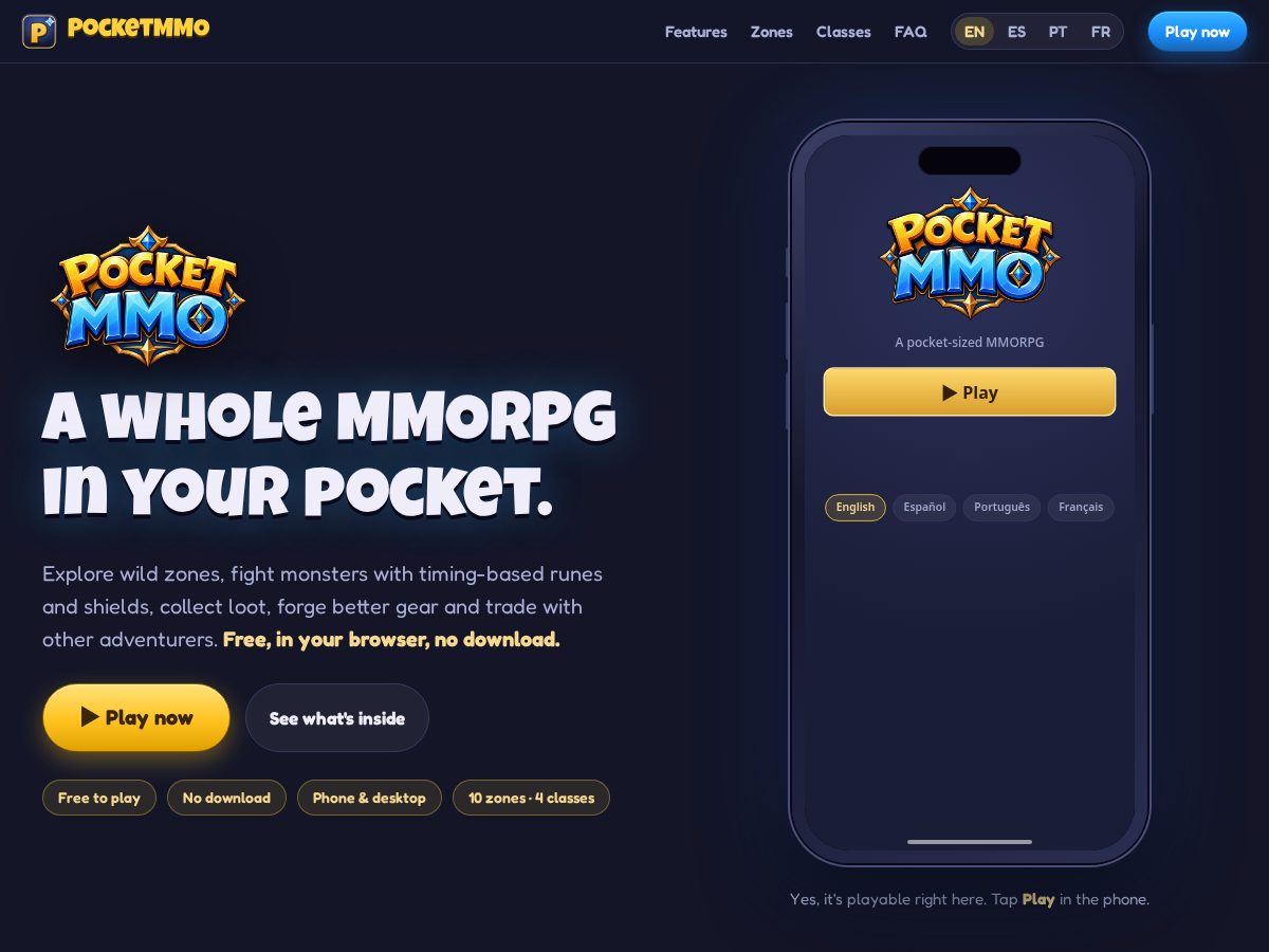 Landing-page snapshot of pocketmmo.xyz