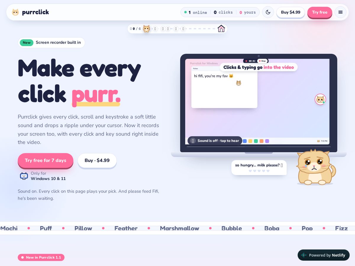 Landing-page snapshot of purrclick.app