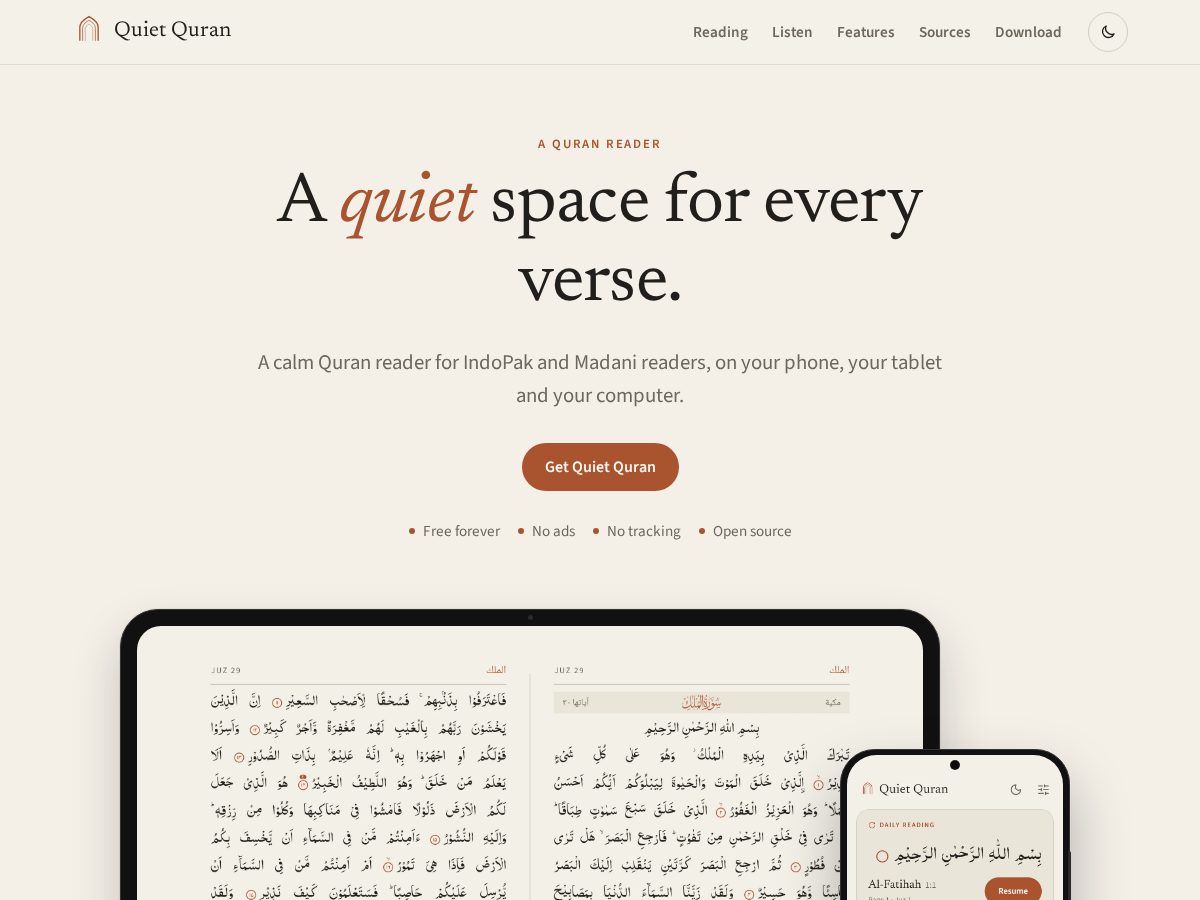 Landing-page snapshot of quietquran.com