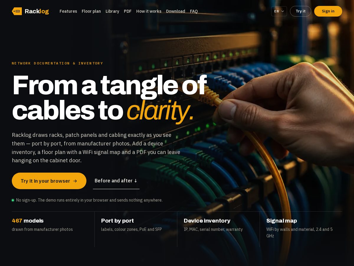 Landing-page snapshot of racklog.work