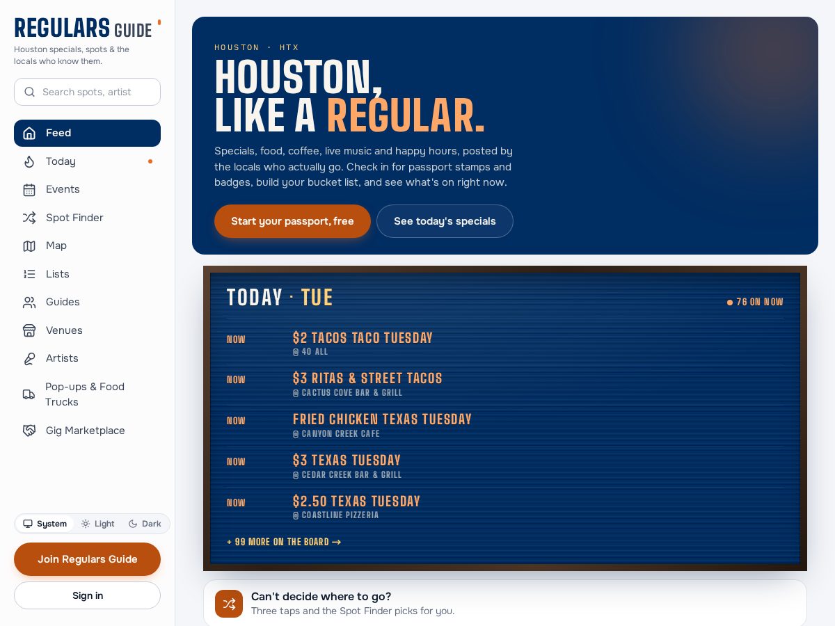 Landing-page snapshot of regulars.guide