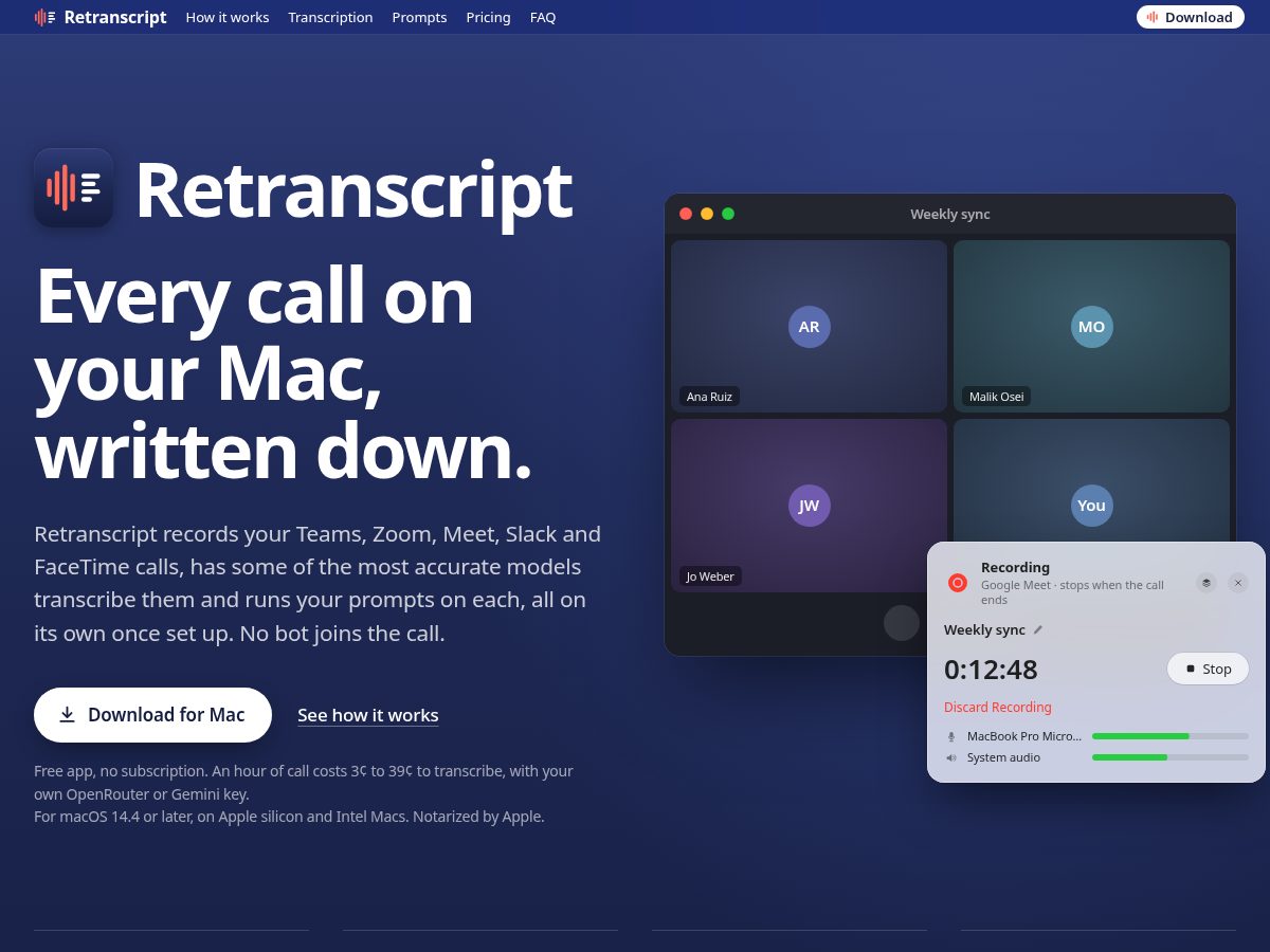 Landing-page snapshot of retranscript.app