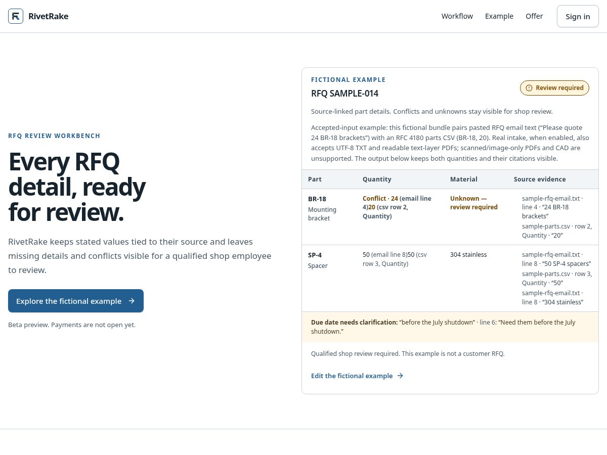 Landing-page snapshot of rivetrake.com