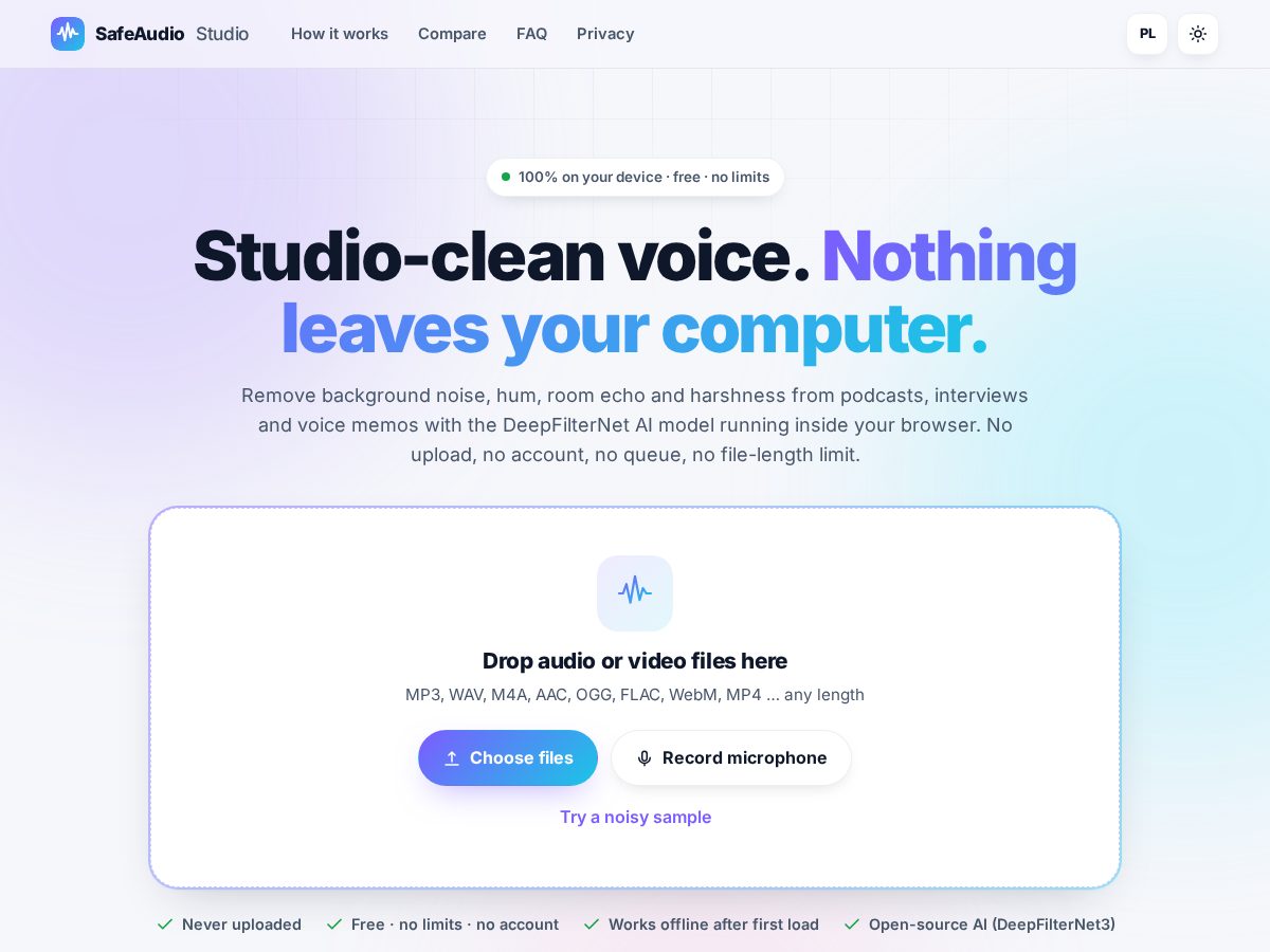 Landing-page snapshot of safeaudio.app
