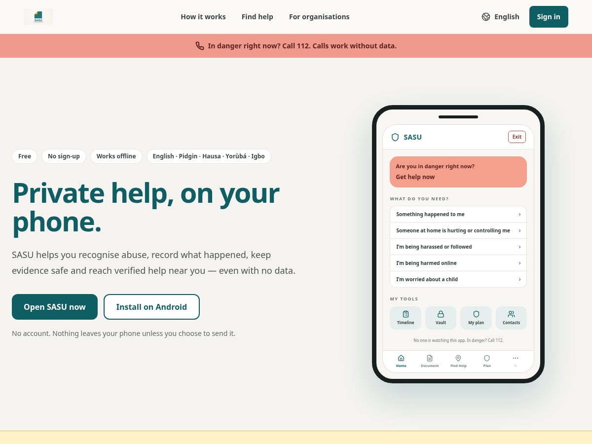 Landing-page snapshot of sasuapp.com