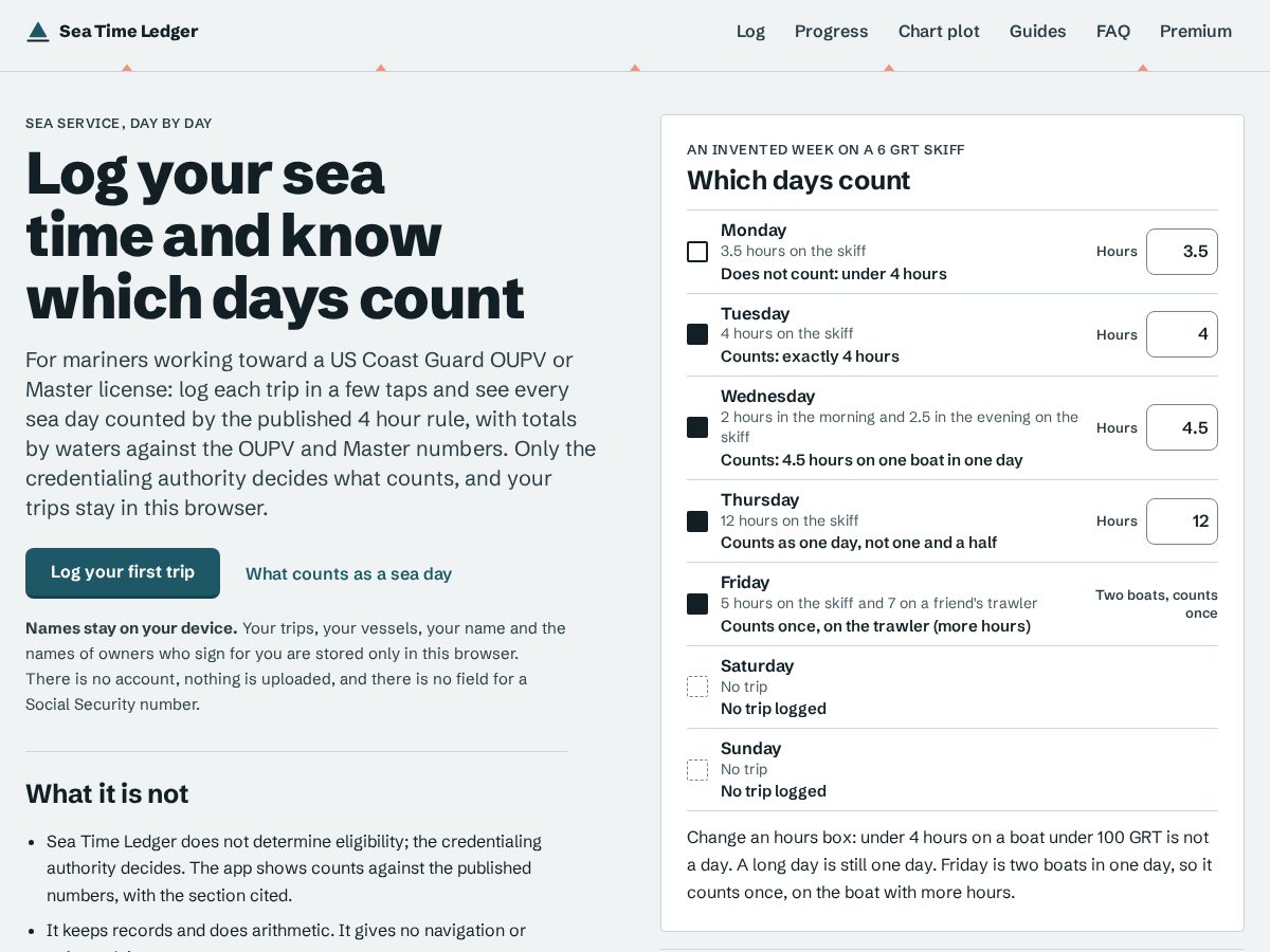 Landing-page snapshot of seatimeledger.app