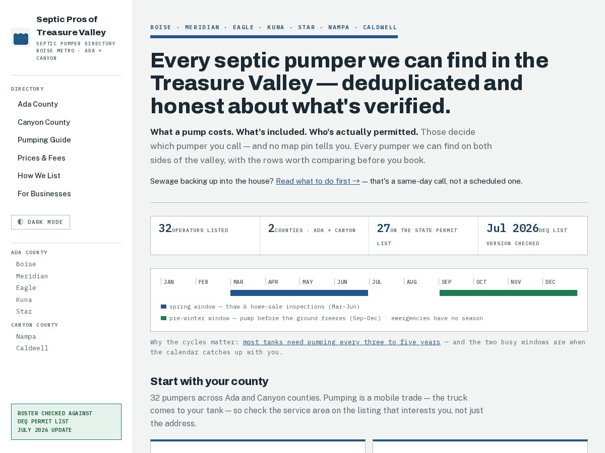 Landing-page snapshot of septicprosoftreasurevalley.com