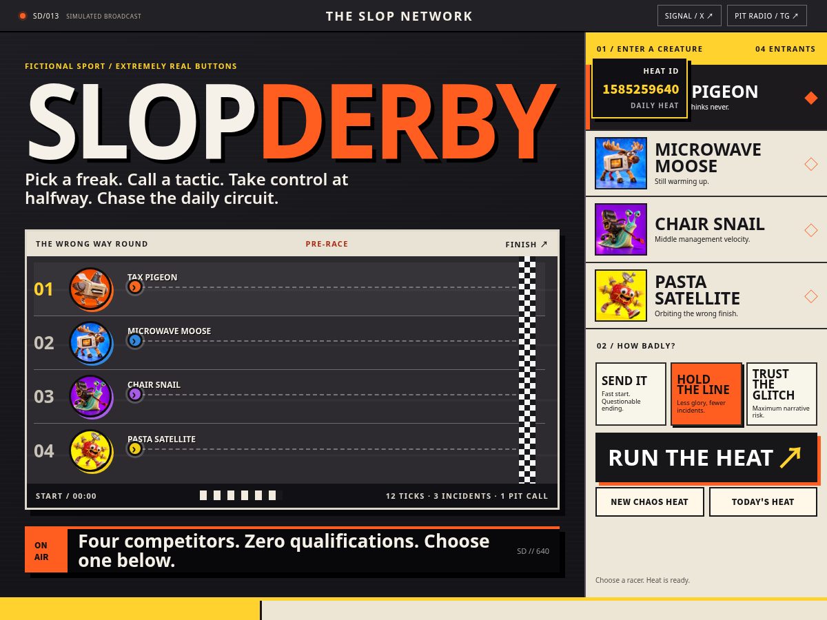 Landing-page snapshot of slopderby.club