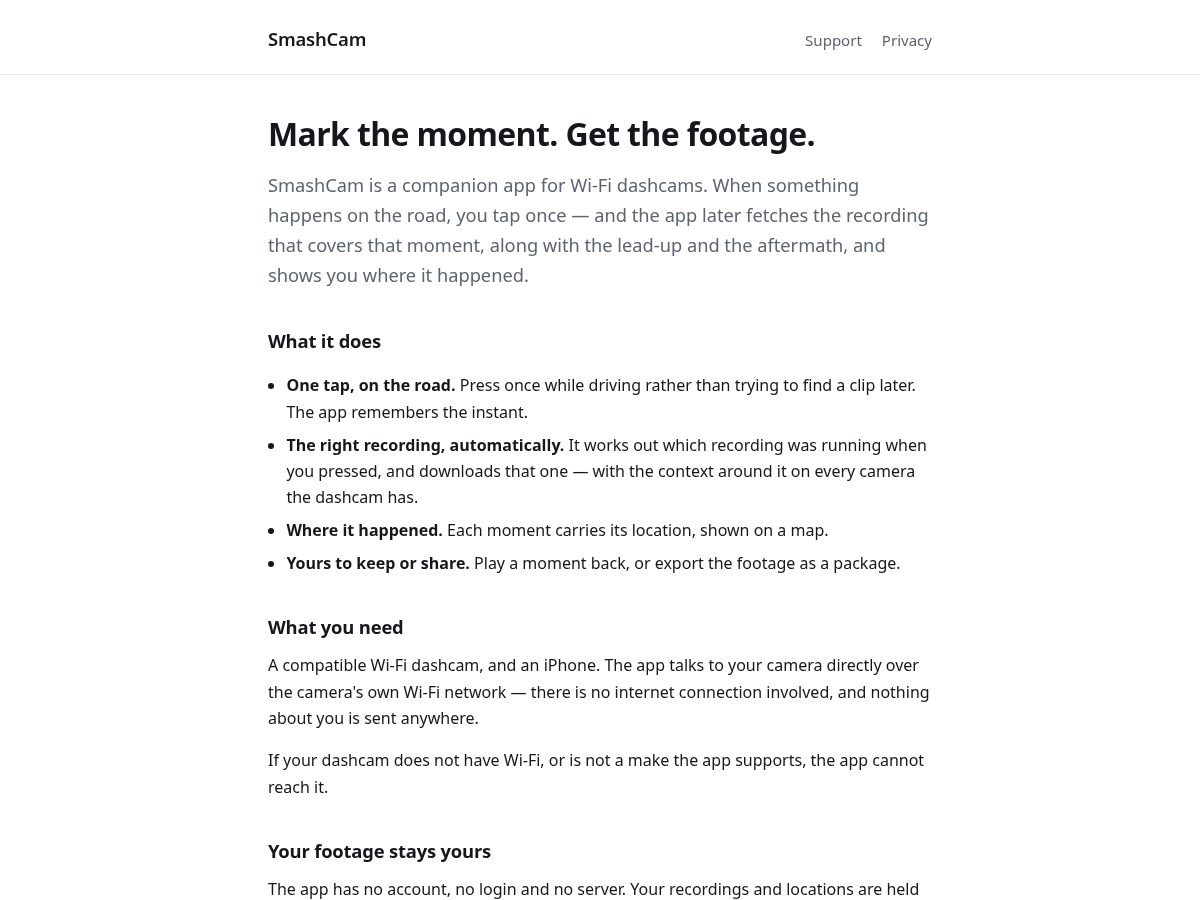 Landing-page snapshot of smashcam.app