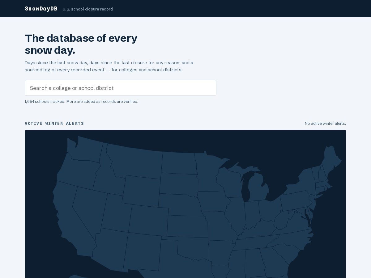Landing-page snapshot of snowdaydb.com