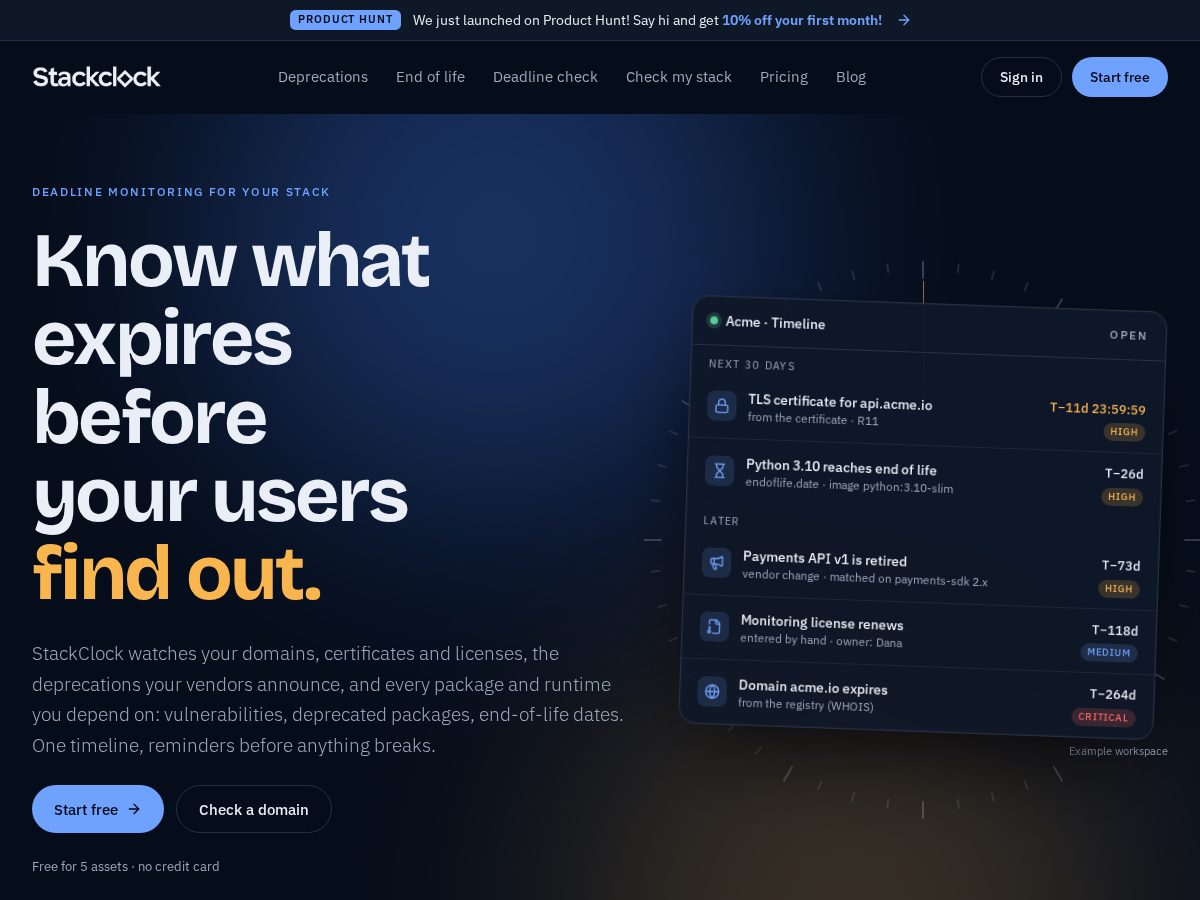 Landing-page snapshot of stackclock.app