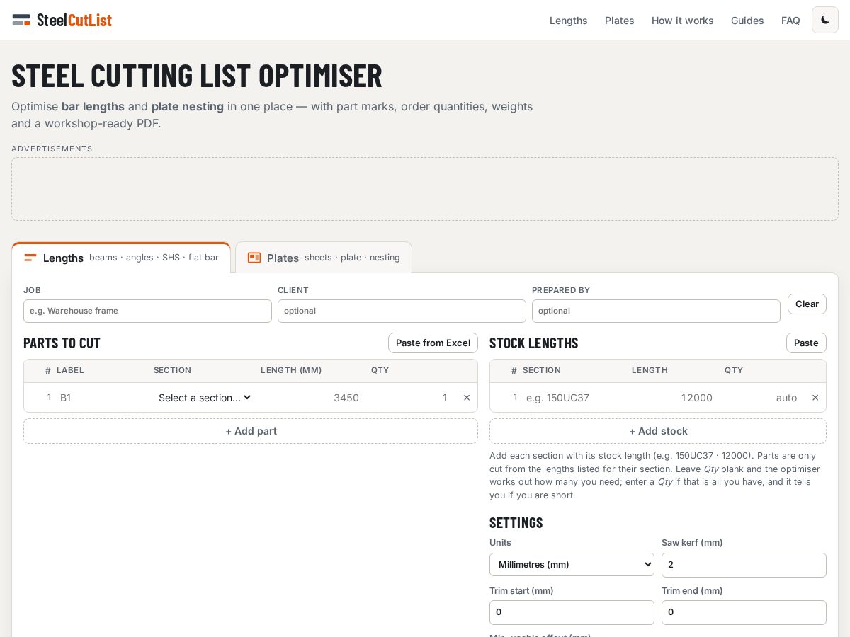 Landing-page snapshot of steelcutlist.com