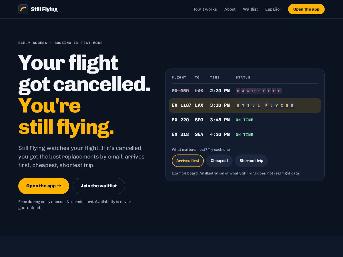 Landing-page snapshot of stillflying.app