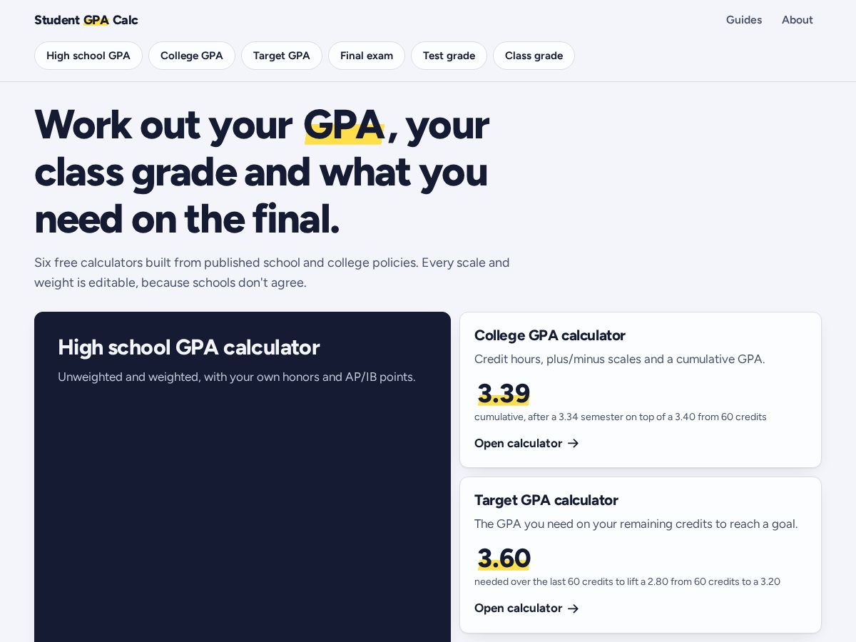 Landing-page snapshot of studentgpacalc.com