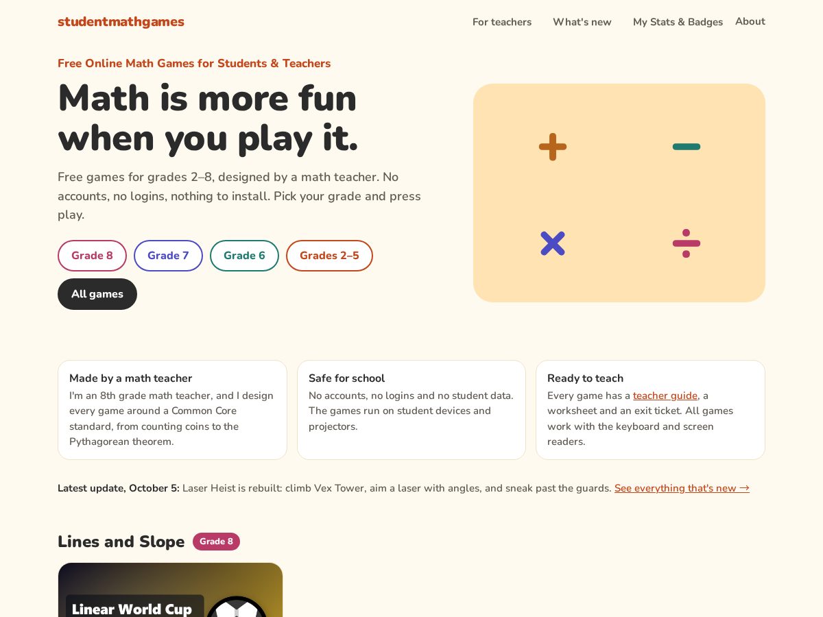 Landing-page snapshot of studentmathgames.com