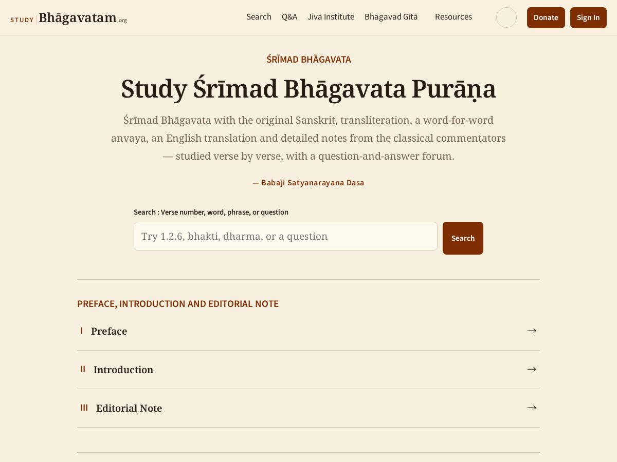 Landing-page snapshot of studybhagavatam.org