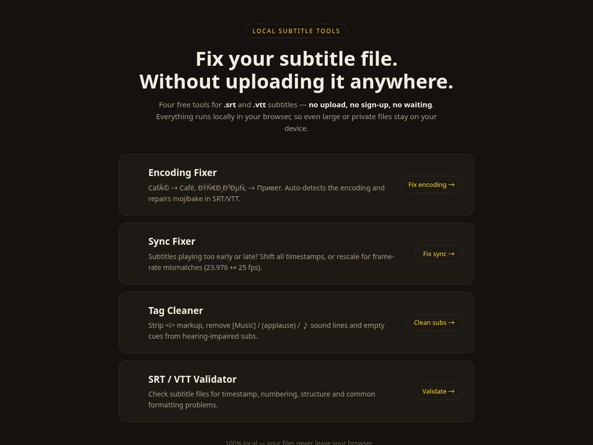 Landing-page snapshot of subtitletidy.com