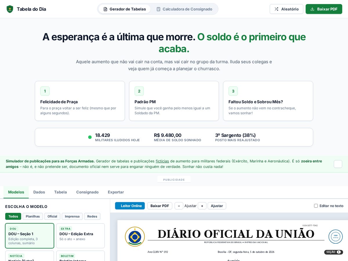 Landing-page snapshot of tabeladodia.site