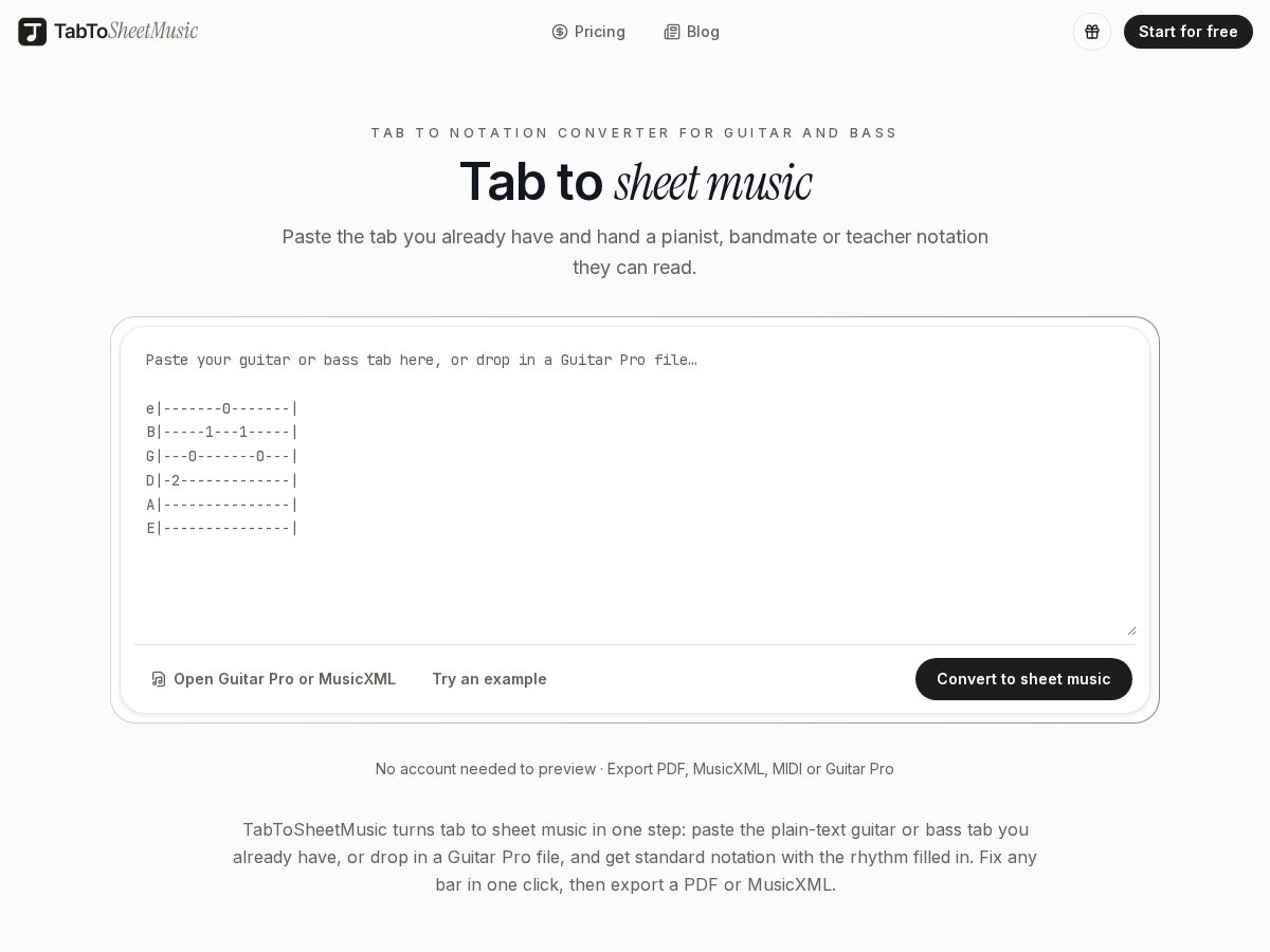 Landing-page snapshot of tabtosheetmusic.com
