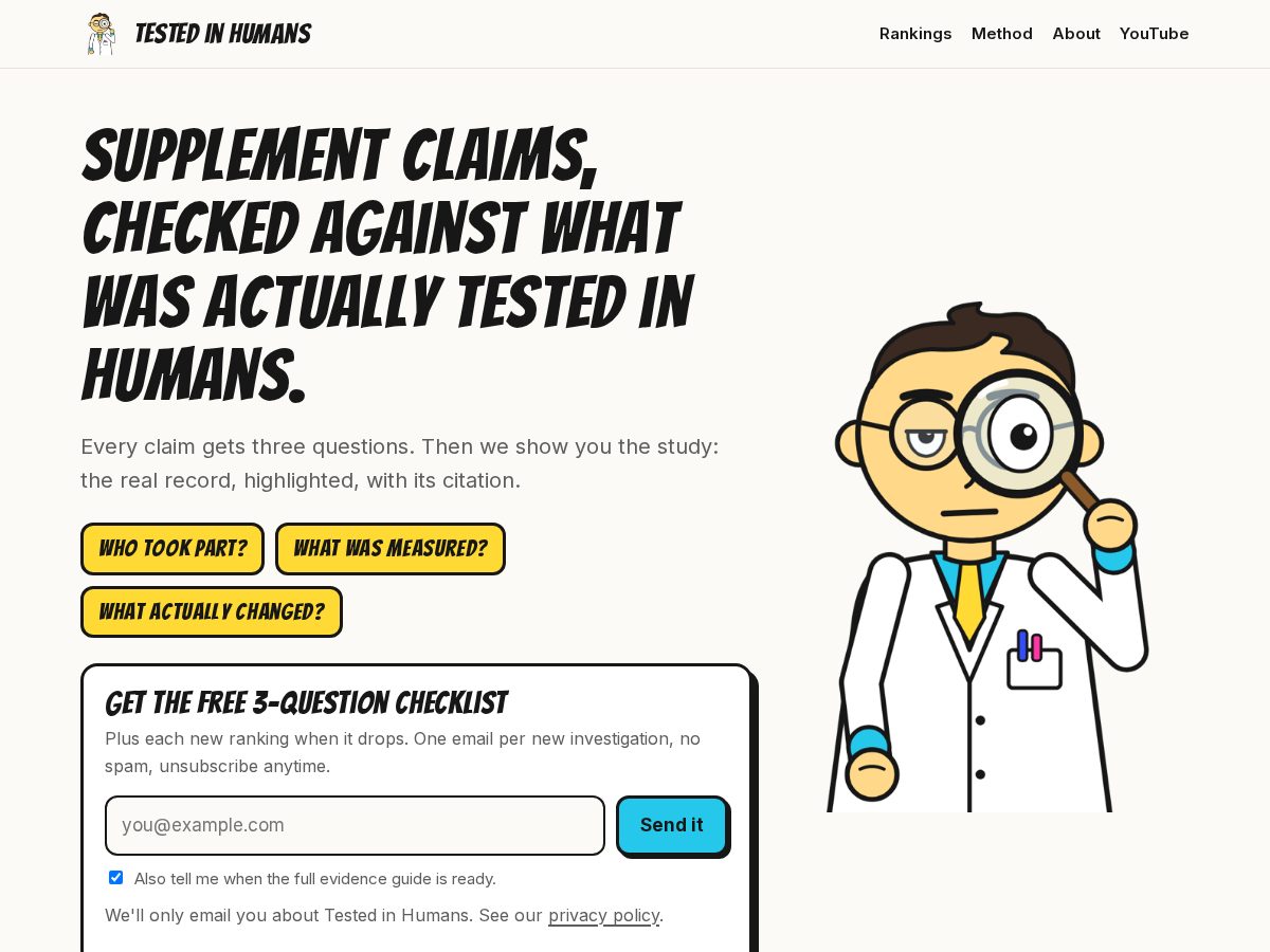 Landing-page snapshot of testedinhumans.com