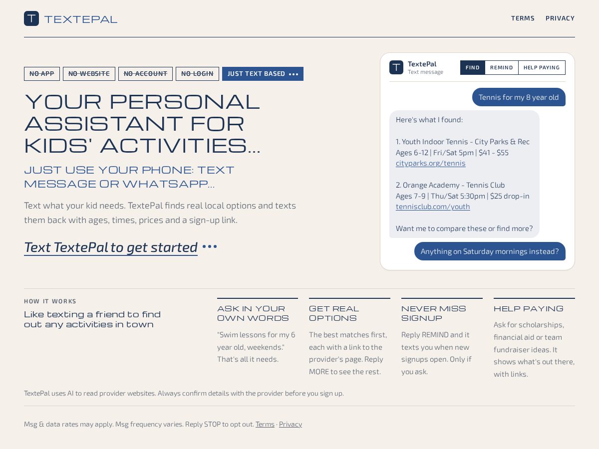 Landing-page snapshot of textepal.com