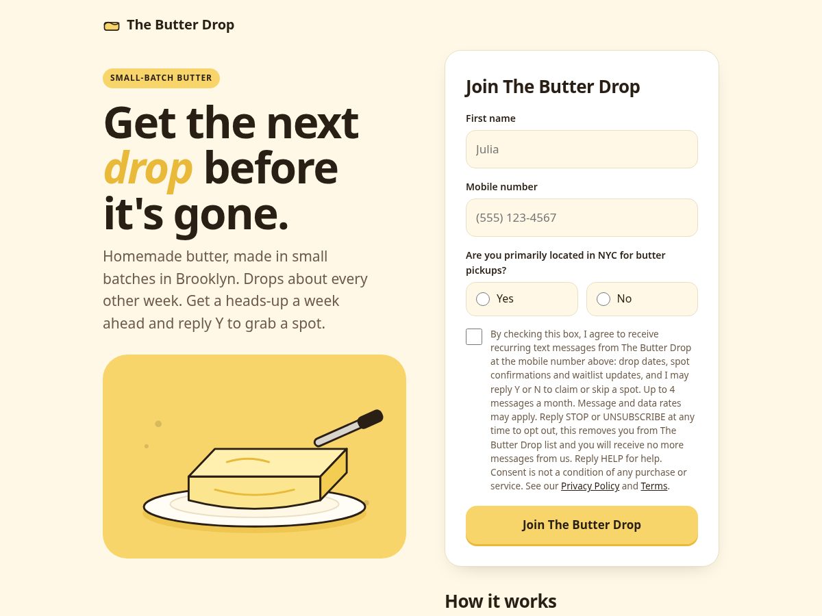 Landing-page snapshot of thebutterdrop.com
