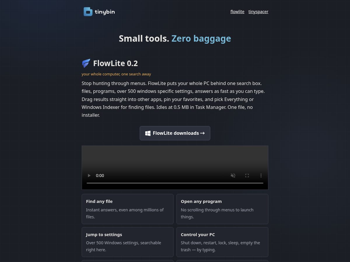 Landing-page snapshot of tinybin.dev