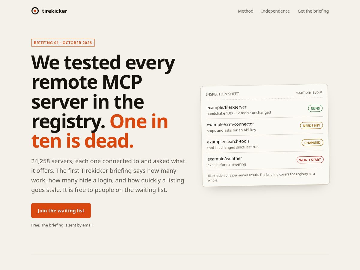 Landing-page snapshot of tirekicker.dev
