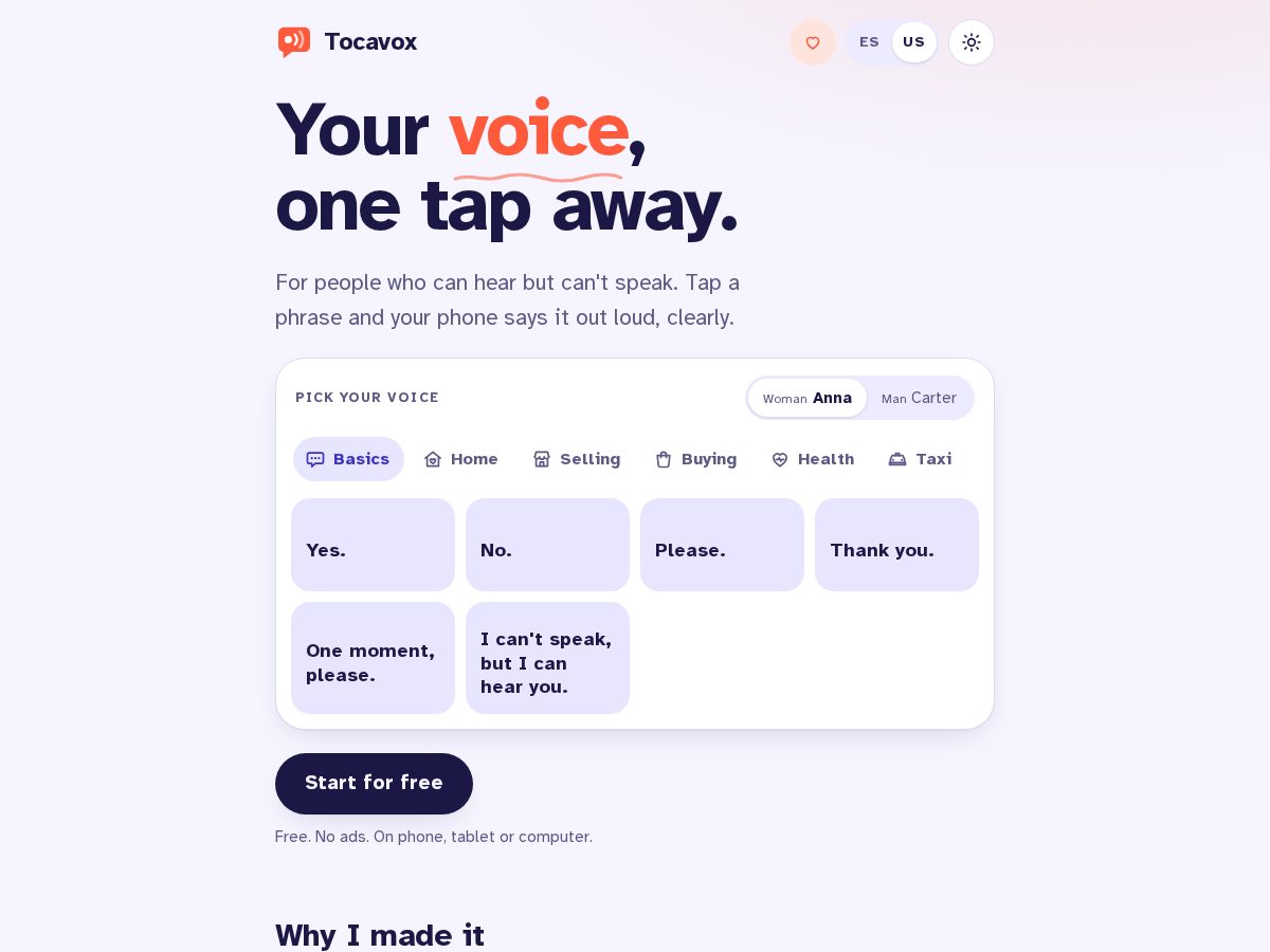 Landing-page snapshot of tocavox.com