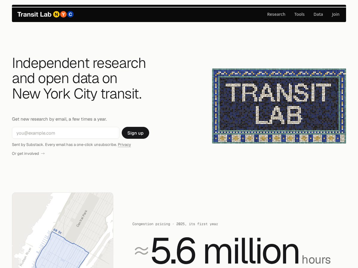 Landing-page snapshot of transitlab.nyc