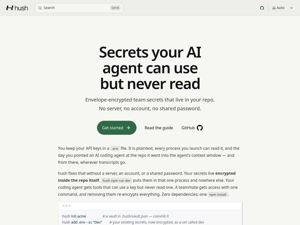 Landing-page snapshot of tryhush.dev