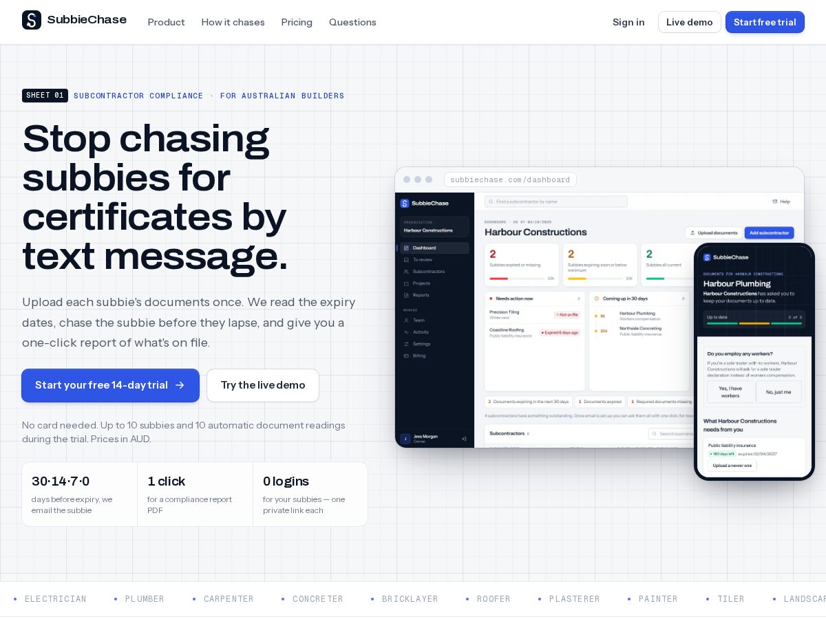Landing-page snapshot of trysubbiechase.com